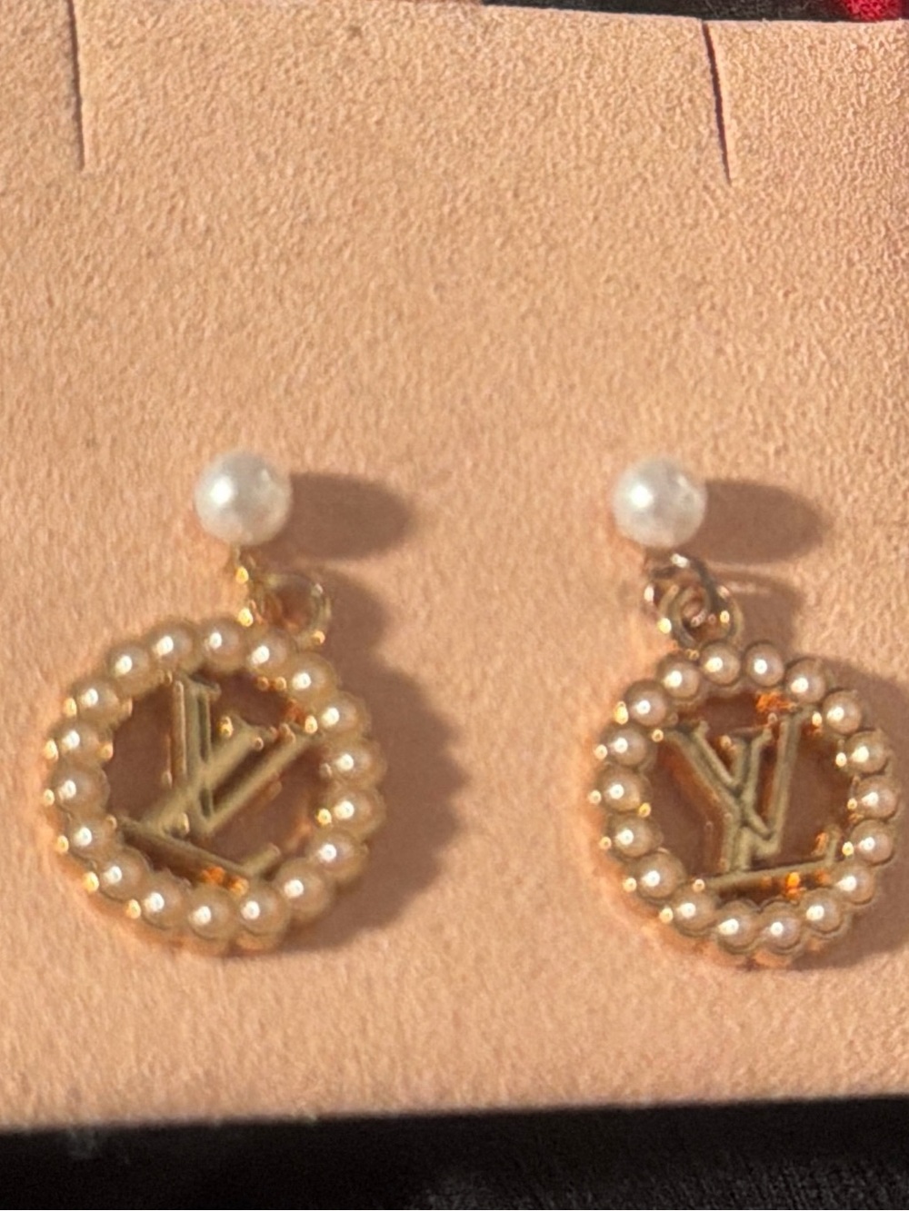 Inspired Gold and Pearl Logo Drop Earrings